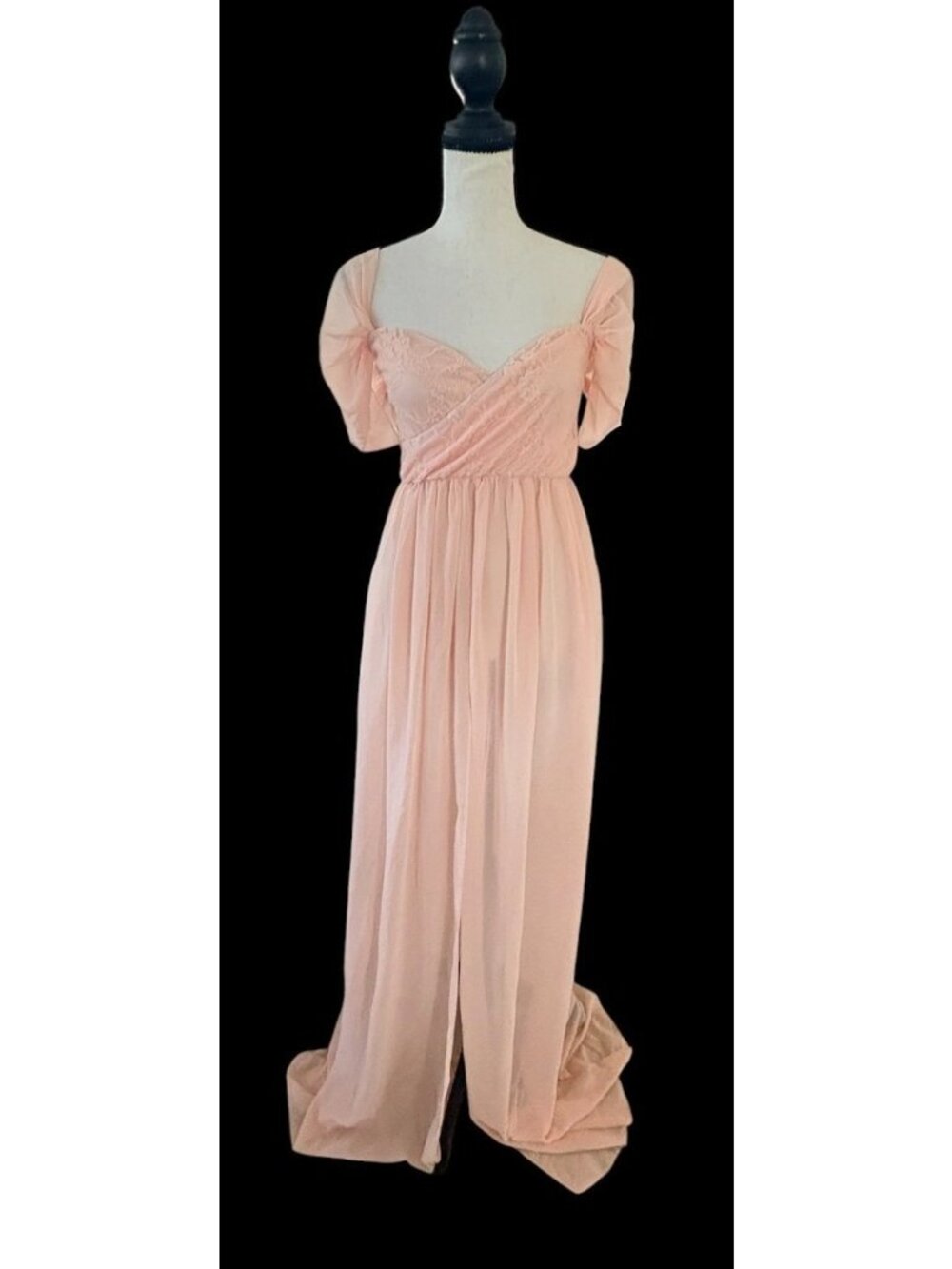 Split Front Maxi Dress Chiffon Peachy Pink Off Shoulder Flowy Draped Photo Prop